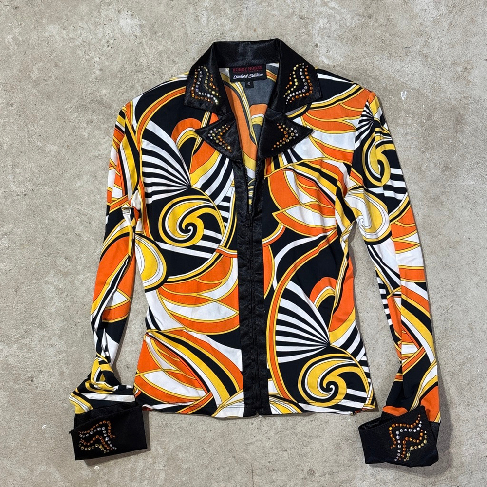 Hobby Horse Western Show Shirt Women's Small Orange Black White Equestrian Zip
